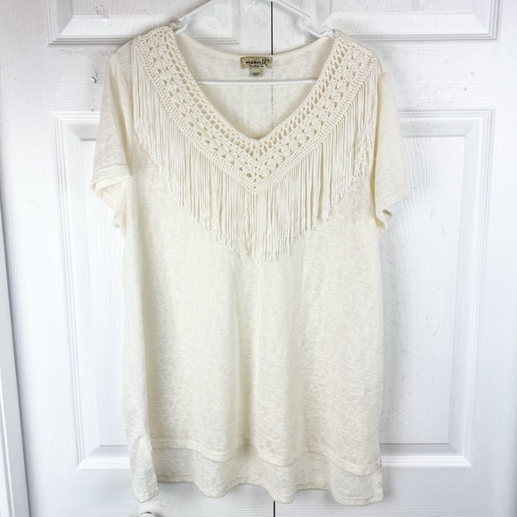 One World Cream Western Crochet Fringe V Neck Burnout Short Sleeve High Lo Top - Picture 5 of 10